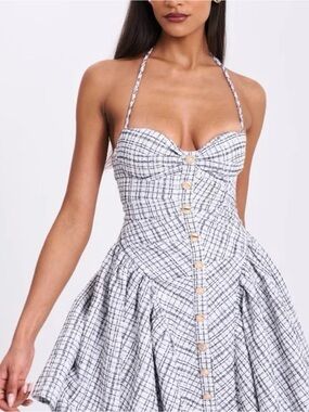 Miss Circle White Plaid Halter Mini Dress with Button Front